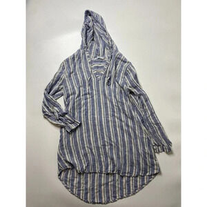 BLUE ISLAND Cover Up Womens S Pinstripes Roll Tab Sleeve Hooded V-Neck Blue